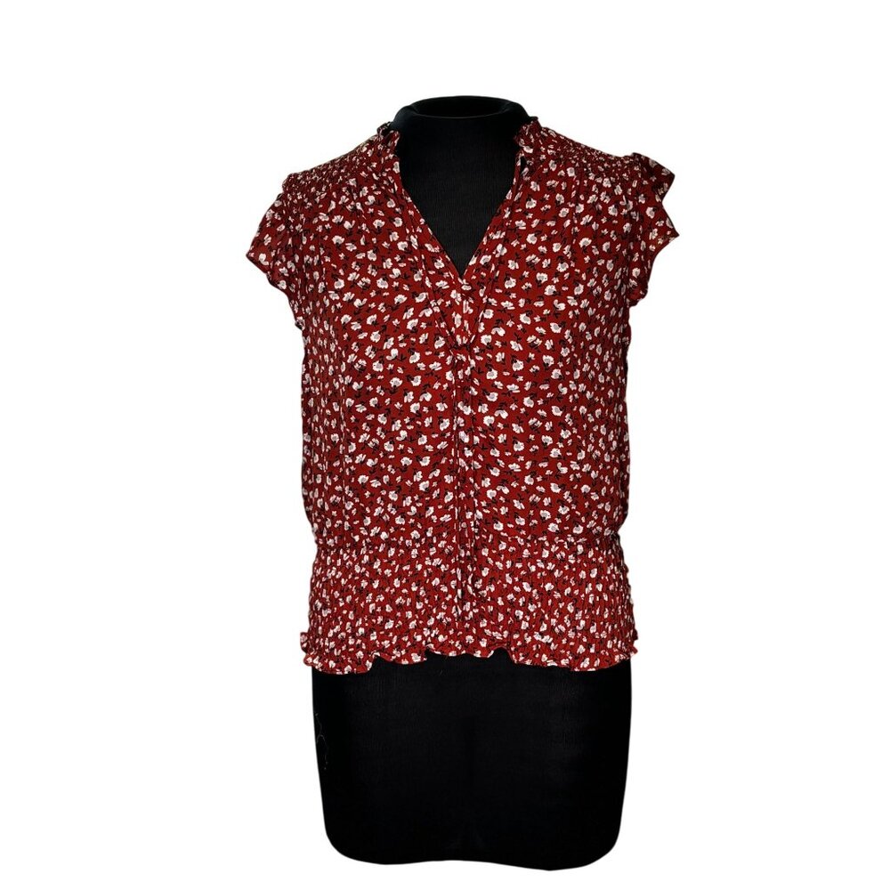 Sienna Sky Red Floral Blouse Womens M Short Sleeve Ruffle Hem 100% Polyester